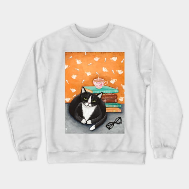 Tea, Books, and Cats Crewneck Sweatshirt by KilkennyCat Art